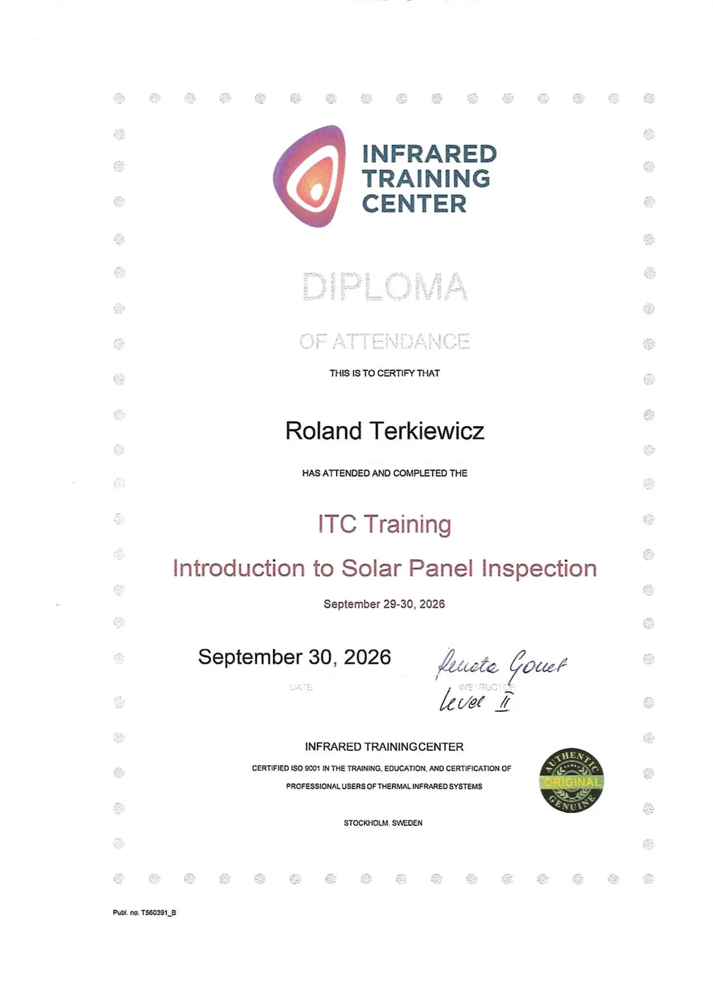 Diploma of Attendance — Introduction to Solar Panel Inspection